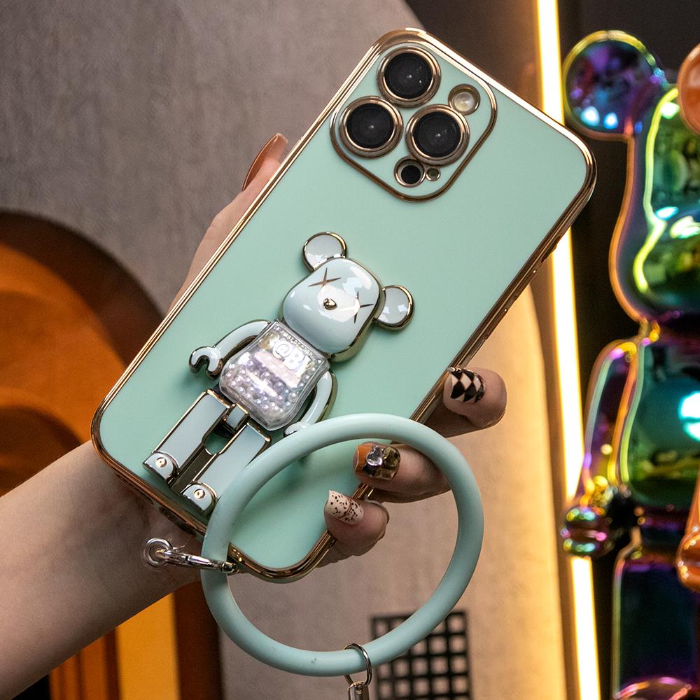 For iPhone 16 15 14 13 12 11 XR XSMax X/XS Phone Case, Candy Bear Kickstand with Silicone Bracelet, Plating Electroplate Luxury Elegant Case Camera Protector Pop Stand Shockproof Soft Cover