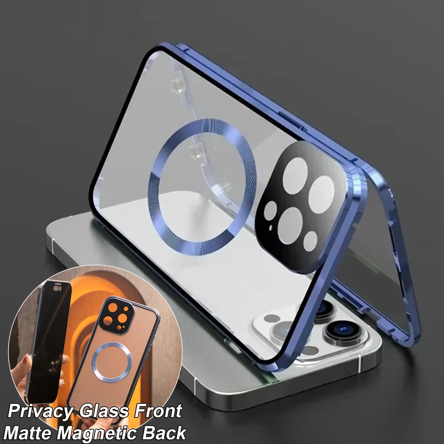 Double Sided Anti-peep Front Glass Matte Back Cover Aluminium Alloy For Magsafe Full Cover 360 Privacy Magnetic Ring Metal Case For iPhone 16ProMax 16 15 14 13 12 Pro Max Glass Full Cover