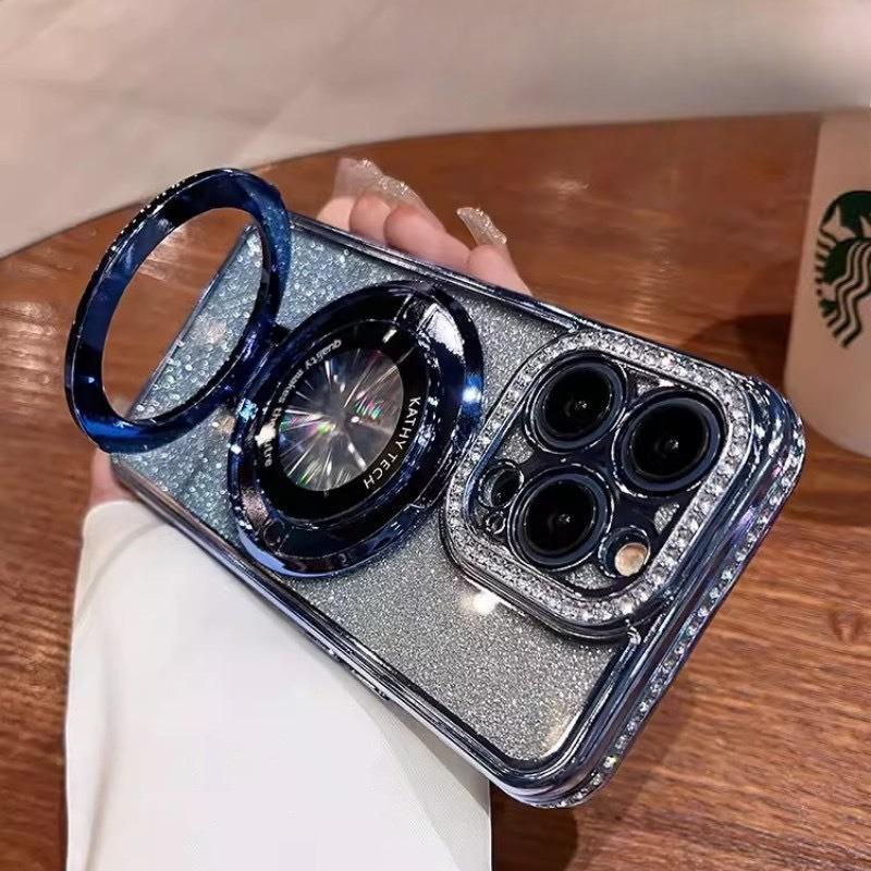 Glitter Gradient Plating Rhinestone TPU Phone Case with Kickstand For iPhone 16ProMax 15 14 13 12 11 Shockproof Soft Full Cover
