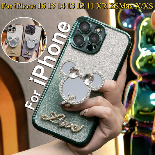 Glitter Pop Stand Transparent Gradient Mouse Head Mirror Kickstand Plating Phone Case For iPhone 16 15 14 13 12 11 XR XSMax X/XS Clear Soft TPU Back Cover