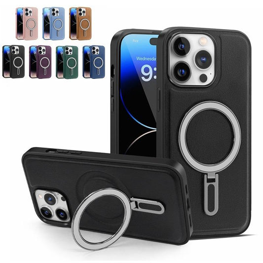 Luxury Full Leather Glossy Kickstand Phone Case For Magsafe For iPhone 16ProMax 16 15 14 13 12 11 Metal Ring Magnetic Metal Holder Shockproof Stand Back Cover
