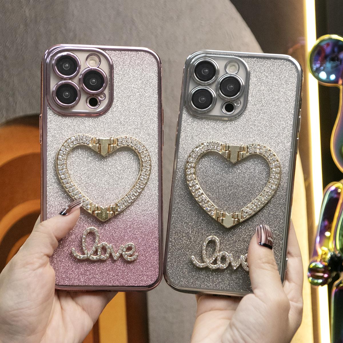 Glitter Transparent Gradient Diamond Love Heart Holder Plating Phone Case For iPhone 16 15 14 13 12 Pro Max Clear Soft TPU Back Cover