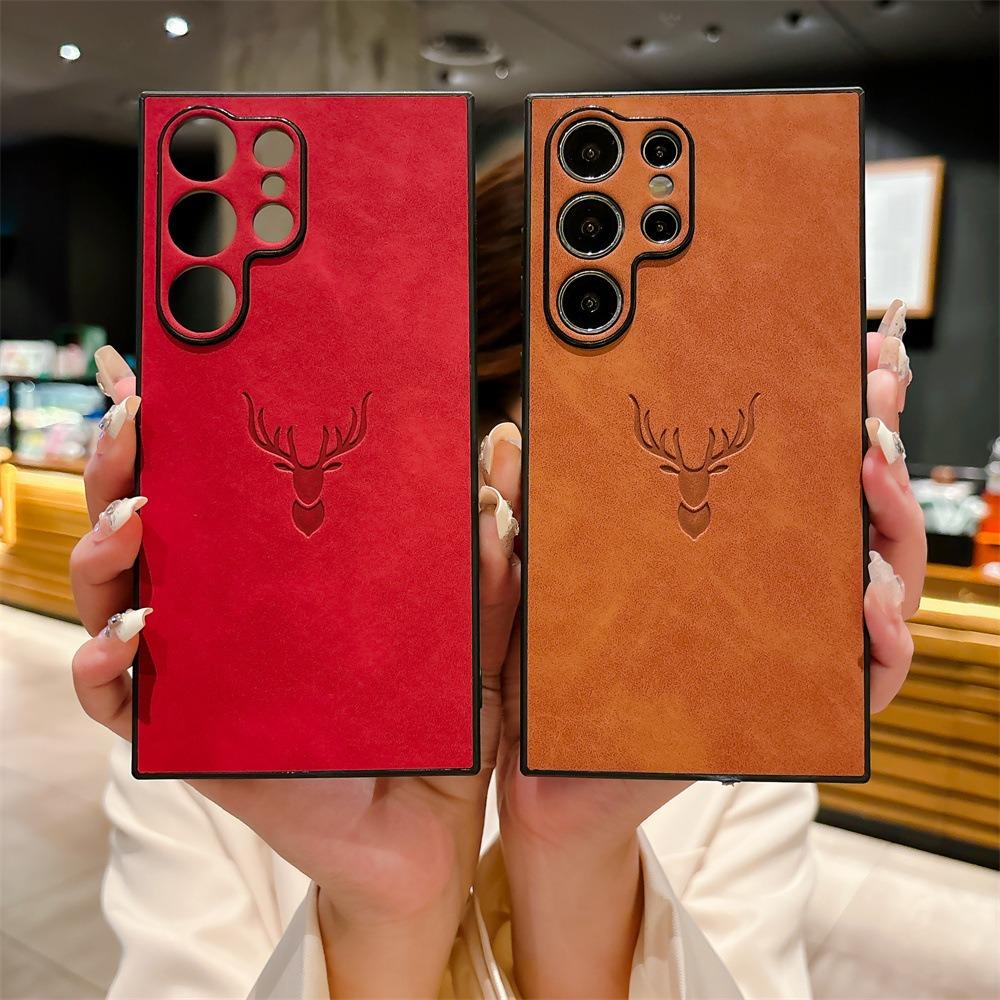 For Samsung S25Ultra S25Edge S24 S23 S22 S21 Note20 A16 A26 A36 A55 A56 Case, Deer Pattern Matte Suede Leather Shockproof Hard Phone Case