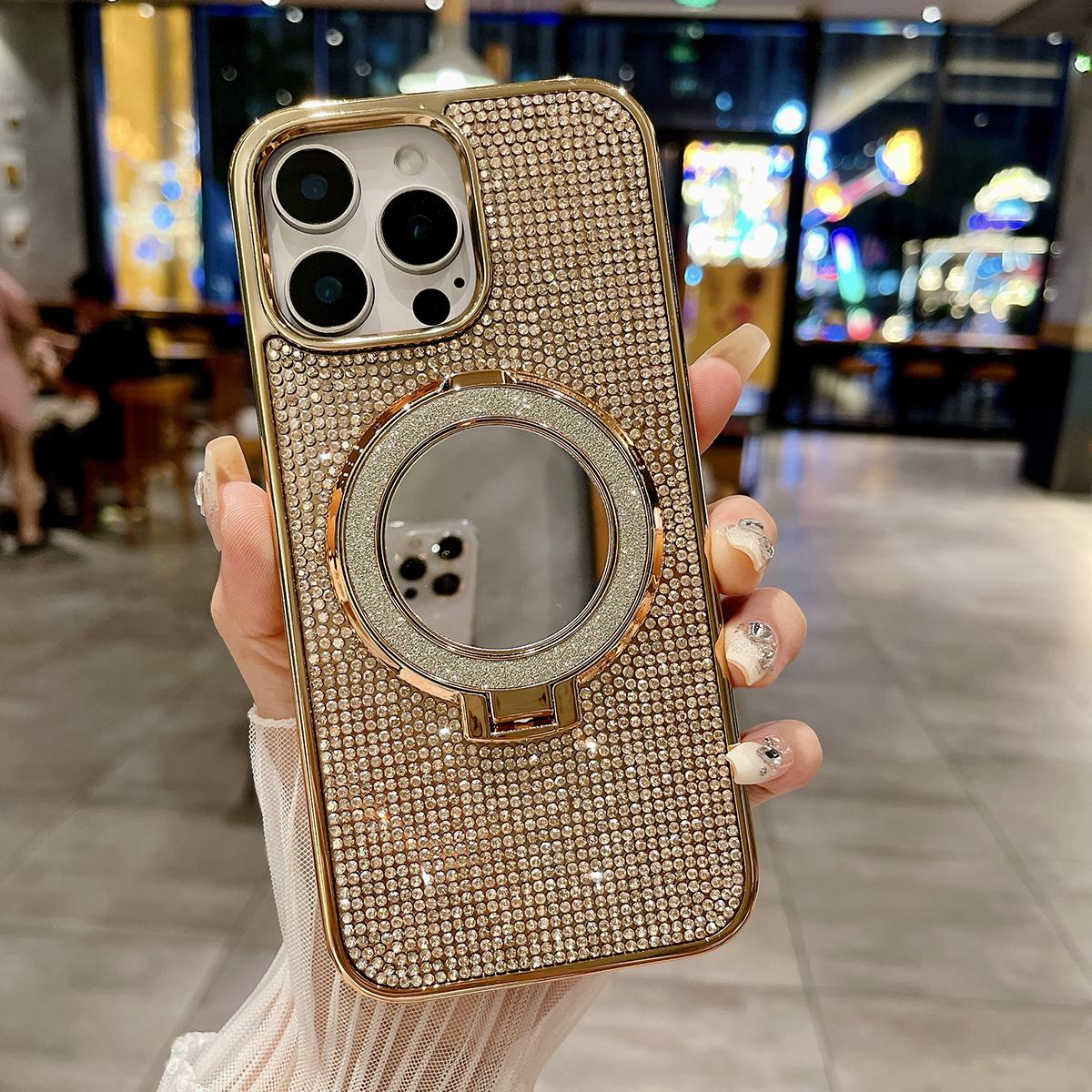 Bling Rhinestone Plating Diamonds Magnetic Wireless Charging Phone Case With Luxury Glitter Mirror Magnetic Kickstand For Samsung S24 S23 S22 Shockproof Protection Soft Bumper Cover