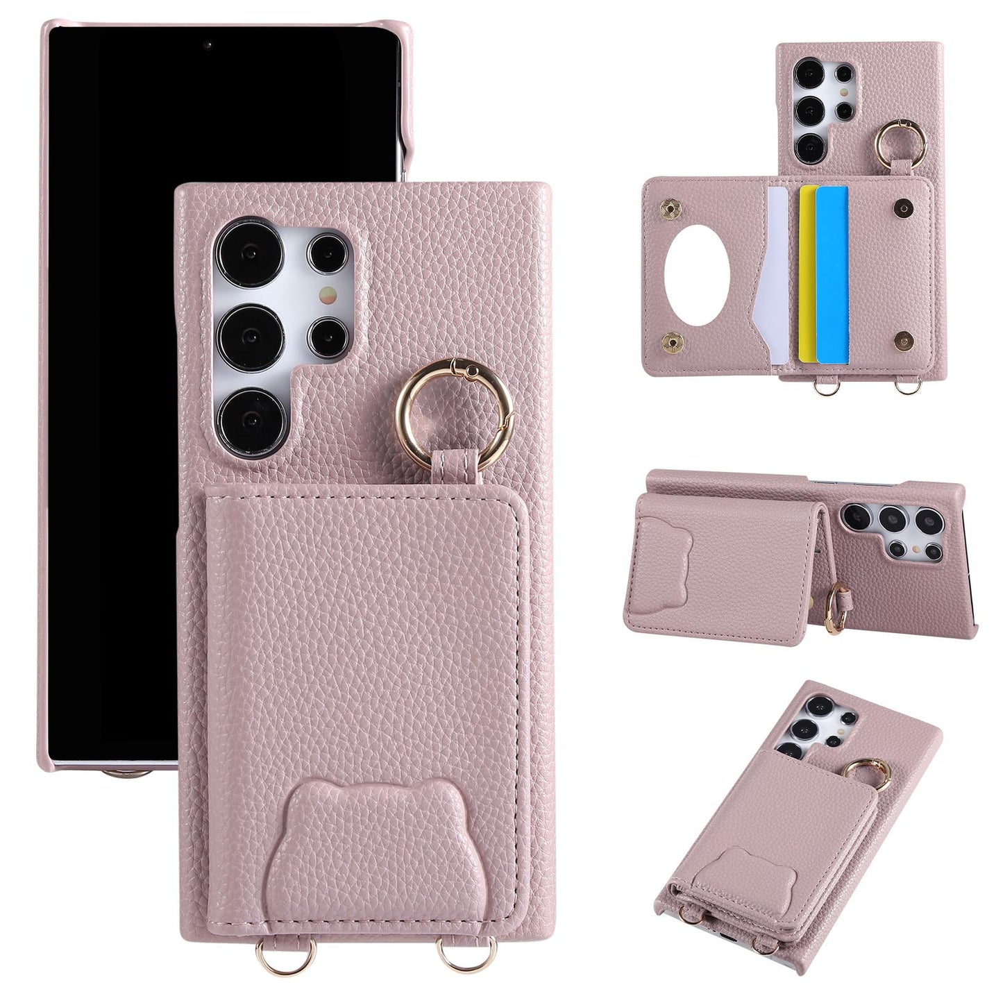 Bear Crossbody Mirror Wallet with Card Holder Phone Case for Samsung Galaxy S25 S24 S23 S22 Ultra Plus S24 FE Back Cover