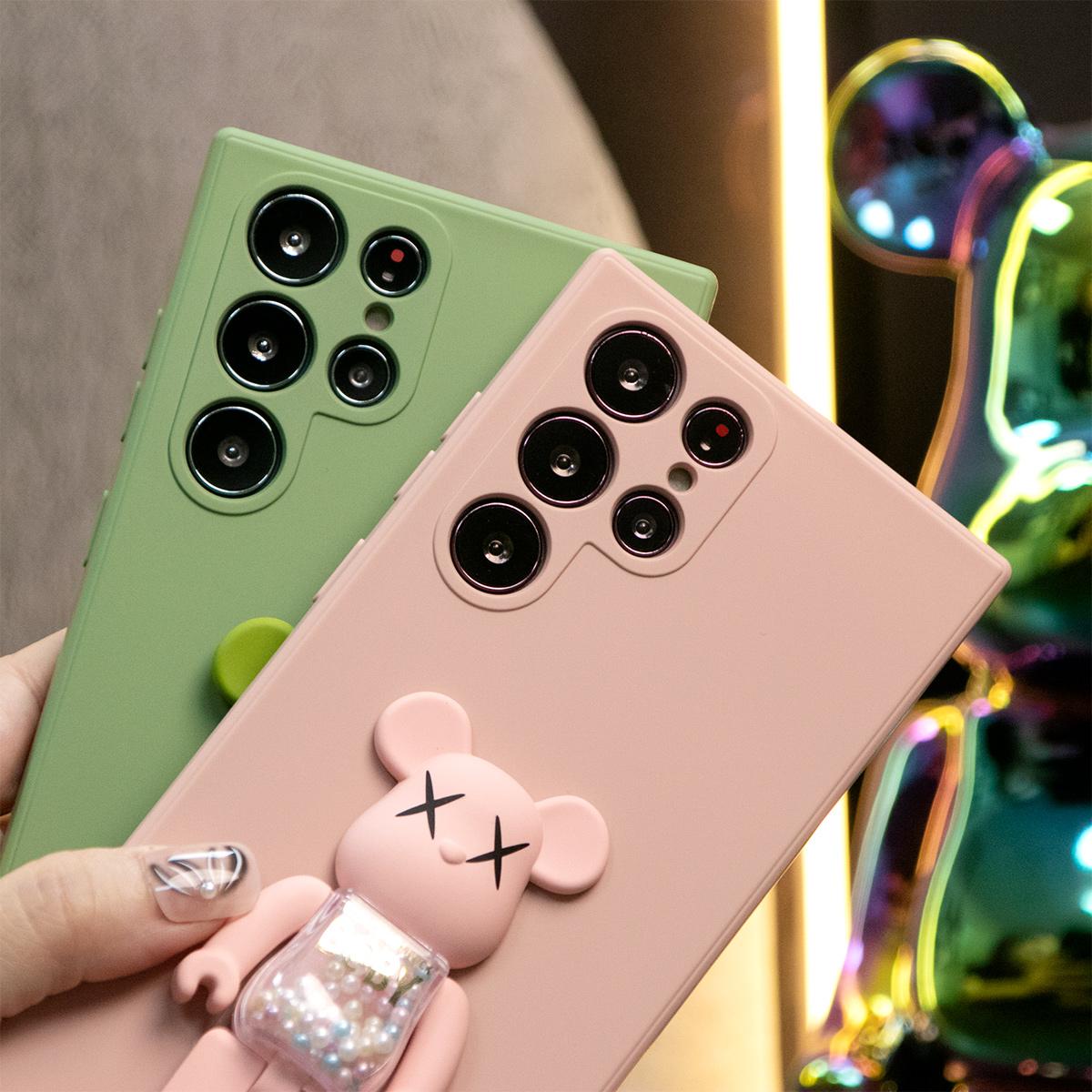 Liquid Silicone Matte Shockproof Frosted Candy Bear Stand Phone Case For Samsung S25 S24 S23 S22 S21 Note20 A16 A15 A25 A36 A35 A55 Camera Protect Soft Cover