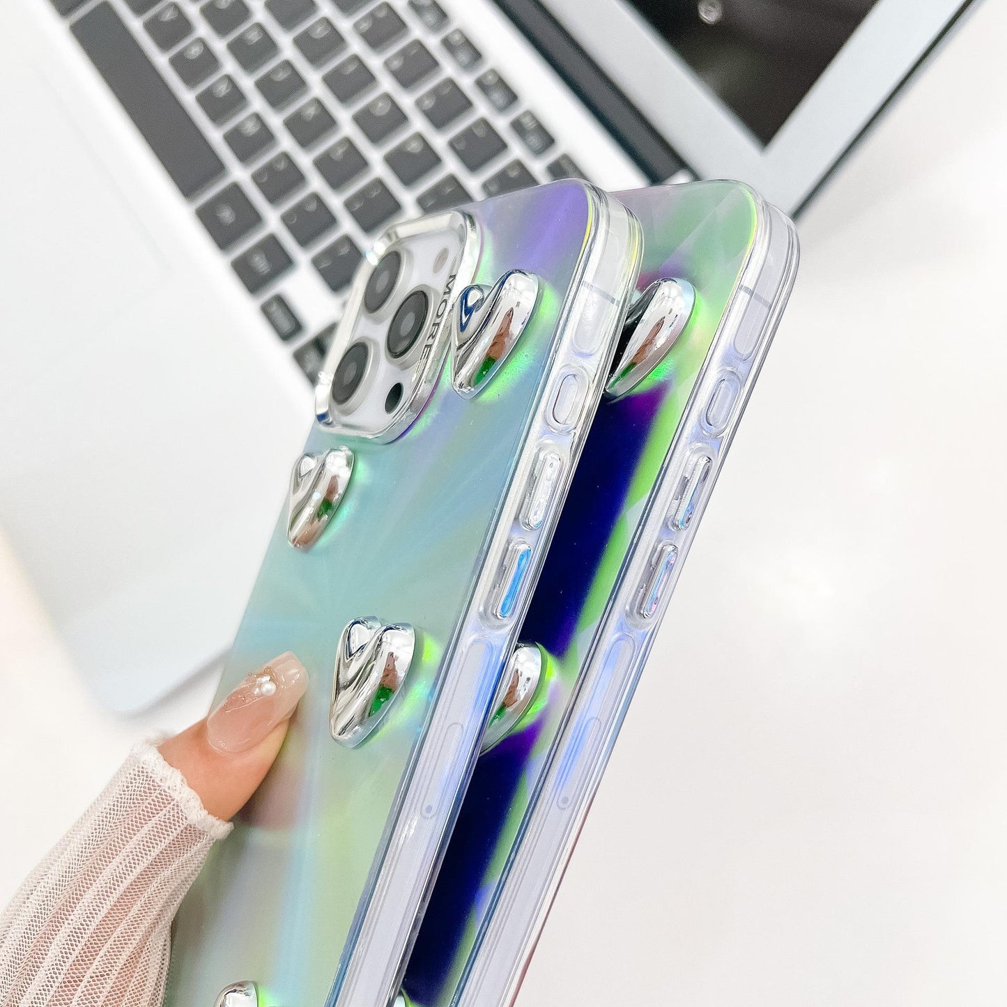 For iPhone 16ProMax 16 15 14 13 Phone Case, Electroplating Laser Love Heart Pattern Acrylic Slim, Camera Protection Non-Yellowing Hard Cover