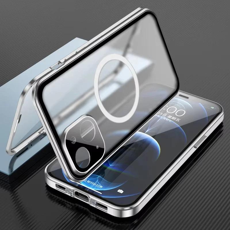 360 Full Protection Metal Magnetic Double Sided Phone Case For iPhone 16 15 14 13 12 Pro Max Plus For Magsafe Case Glass Magnetic Ring For Wireless Charging Snap Lock Full Cover