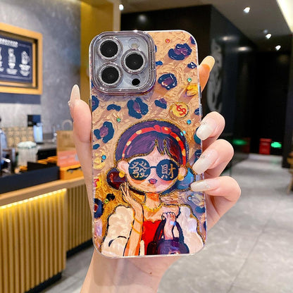 For iPhone 16ProMax 16 15 14 13 12 11 Phone Case with Diamond Camera Kickstand, Rich Girl Women Leopard Print Rainbow Castle, Oil Painting Camera Frame Anti-drop Hard Shockproof Full Cover