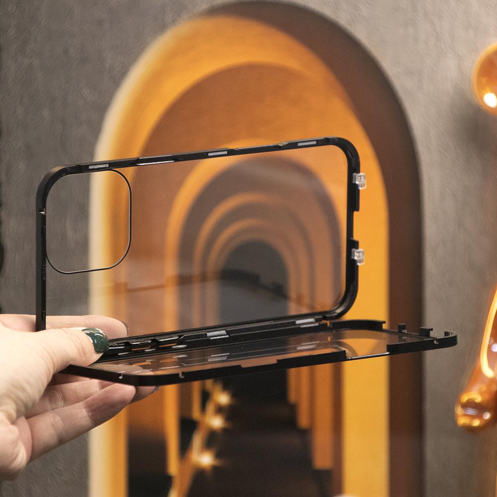 High Definition Tempered Glass Double Sided Full Cover 360 Magnetic Adsorption Metal Case For iPhone 16ProMax 16 15 14 13 12 11 Pro Max X/XS Front and Black Full Glass Cover