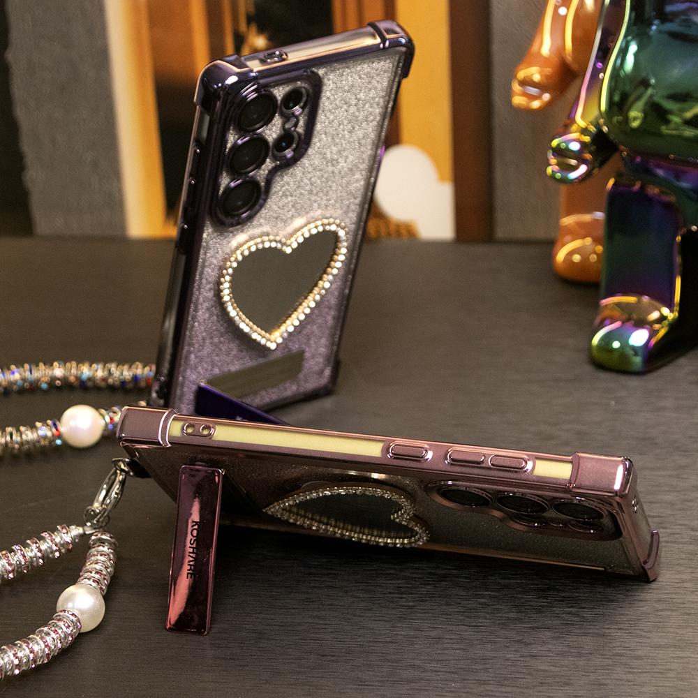 Gradient Plating Four Corners Love Heart Mirror Thin Kickstand Case with Pearl Diamond Wristband for Samsung S25Ultra S25 S24 S23 S22 S21 Note20 A53 A54 A55 Hard Acrylic Bumper Full Cover