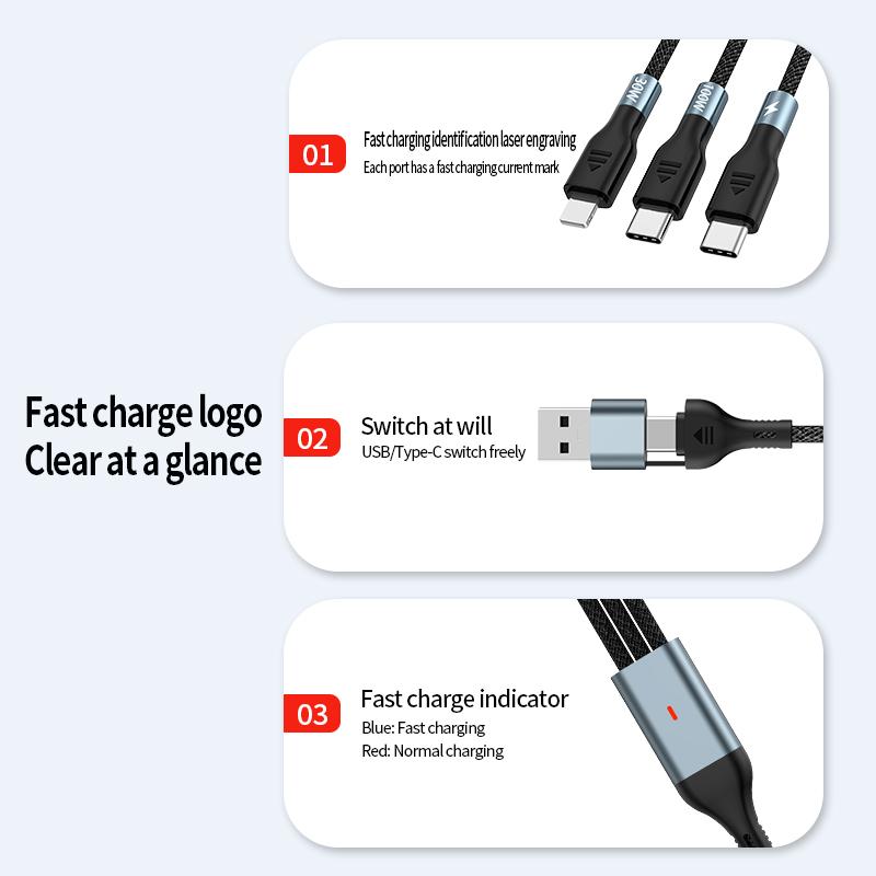 1.2m/2m 100W Super Fast Charge 2in3 Data Cable Support Laptop/Mobile Phone/Tablet USB+Type-c to C+L+C Multi-port Fast Charging Metal Head Nylon Braided Wire