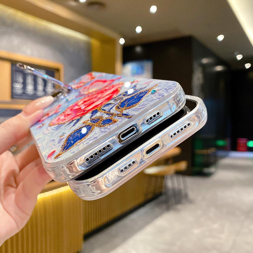 For iPhone 16ProMax 16 15 14 13 12 11 Phone Case with Diamond Camera Kickstand, Rainbow Flower Rose Butterfly, Oil Painting Camera Frame Anti-drop Hard Shockproof Full Cover