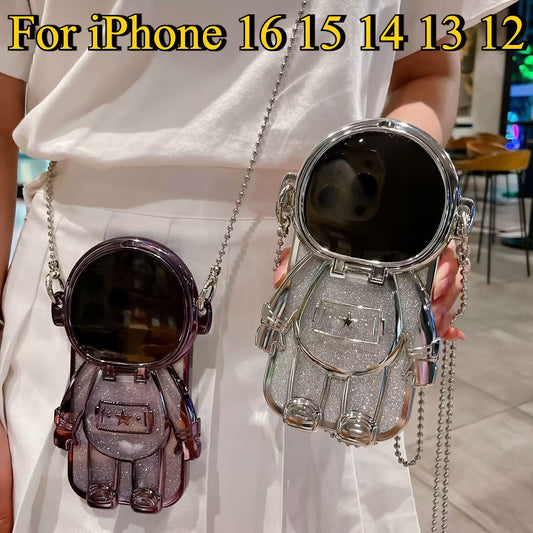 Luxury Glitter  Diagonal Hanging Chain Plating Mirror Astronaut Case For iPhone 16 15 14 13 12 Pro Max Fashion Bracket Square Case Back Cover