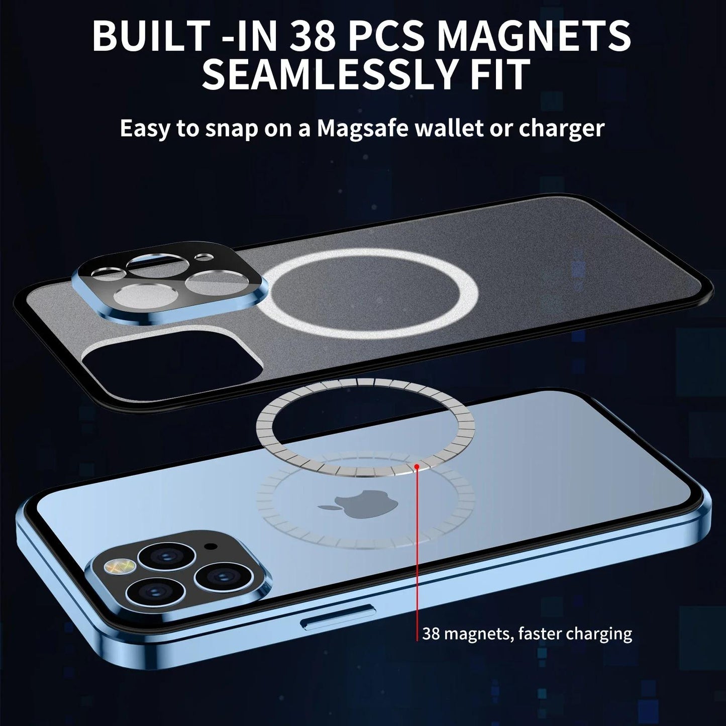 Double Sided HD Glass Matte Back Cover Aluminium Alloy For Magsafe Full Cover 360 Magnetic Ring High Definition Metal Case For iPhone 16ProMax 16 15 14 13 12 Pro Max Glass Full Cover