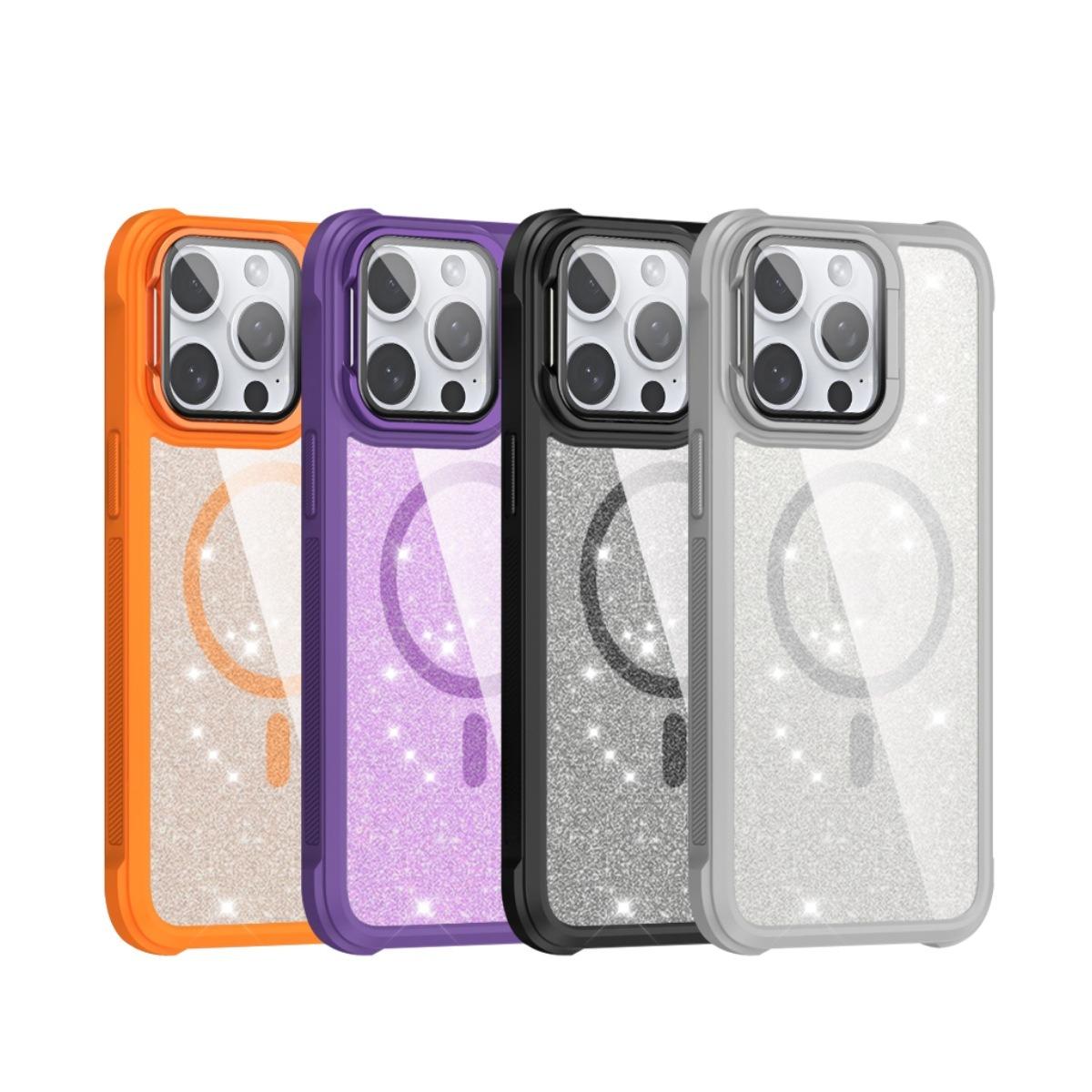 For iPhone 16ProMax 16 15 14 13 12 11 Strong Magnetic Phone Case, Glass Camera Kickstand Protection, Glitter Clear Acrylic Four Corner Shockproof Bumper Hand Feel Hard Full Cover