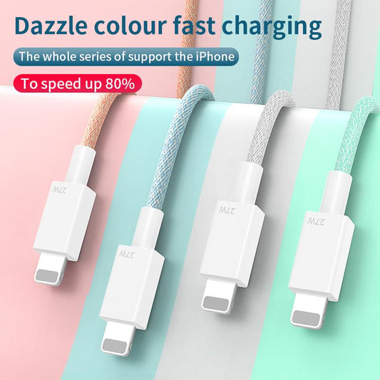 1m/2m Colorful 27W PD Quick Charge Cable Type - C iP to TPE + High-Density Braided Wire High Speed 480Mbps Fashionable Color Dazzle Colour Woven Data Cable