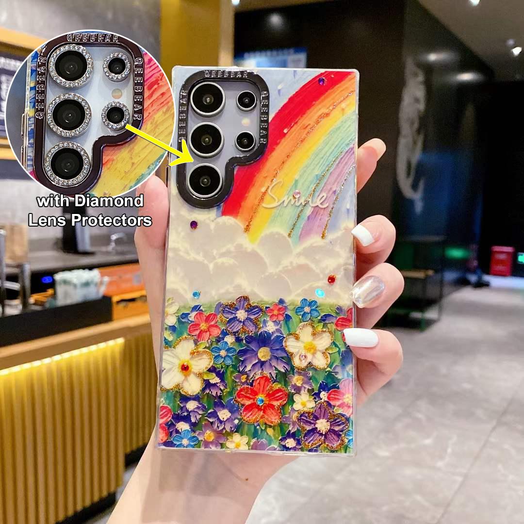 For Samsung S25 S24 S23 S22 Phone Case with Diamond Lens Protectors, Luxury Panda Leopard Rainbow Butterfly Elephant Oil Painting Metal Camera Frame Anti-drop Hard Shockproof Full Cover