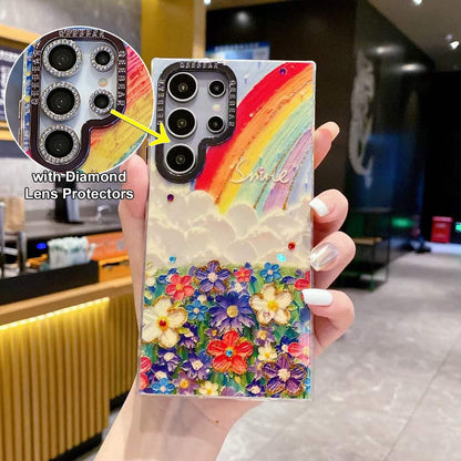 For Samsung S25 S24 S23 S22 Phone Case with Diamond Lens Protectors, Luxury Panda Leopard Rainbow Butterfly Elephant Oil Painting Metal Camera Frame Anti-drop Hard Shockproof Full Cover