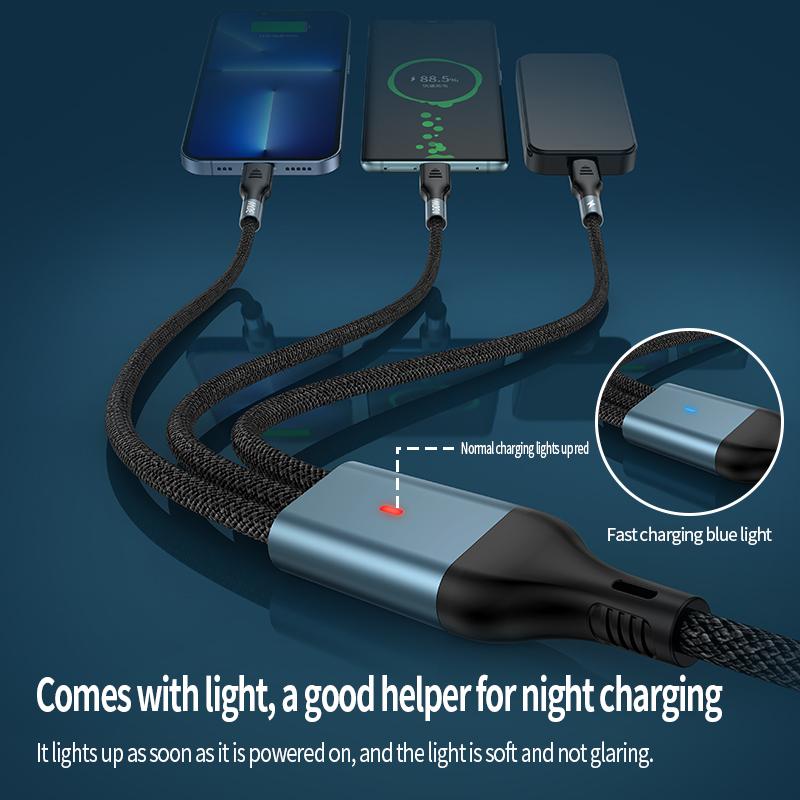 1.2m/2m 100W Super Fast Charge 2in3 Data Cable Support Laptop/Mobile Phone/Tablet USB+Type-c to C+L+C Multi-port Fast Charging Metal Head Nylon Braided Wire