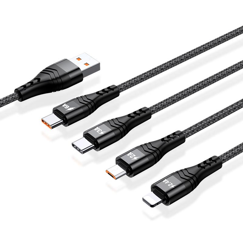 1.2m/2m 6A 4in1 One Drag Four Fast Filling Line Cable Aluminum Alloy + Two-color Braided Thread Fast Charging IP Type-C Android Universal
