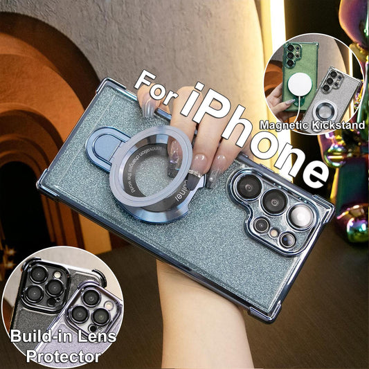 Luxury Glitter Plating Four Corners Shockproof Clear Phone Case With Magnetic Kickstand For iPhone 16 15 14 13 12 11 XR XSMax X/XS Hard Acrylic Hybrid Bumper Hard Full Cover