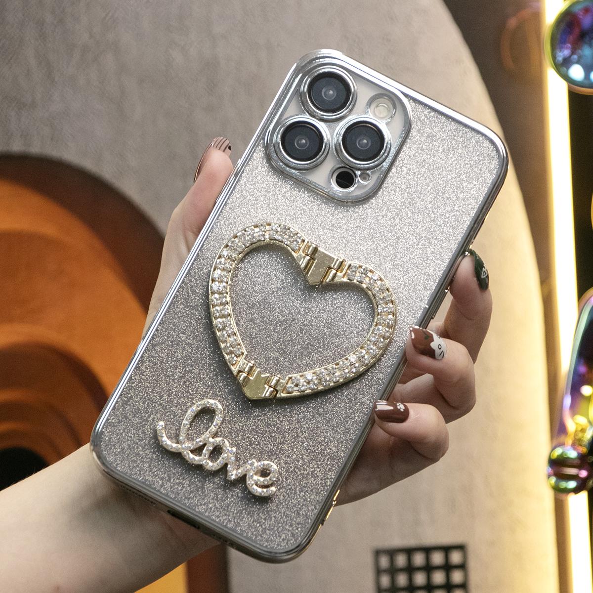 Glitter Transparent Gradient Diamond Love Heart Holder Plating Phone Case For iPhone 16 15 14 13 12 Pro Max Clear Soft TPU Back Cover