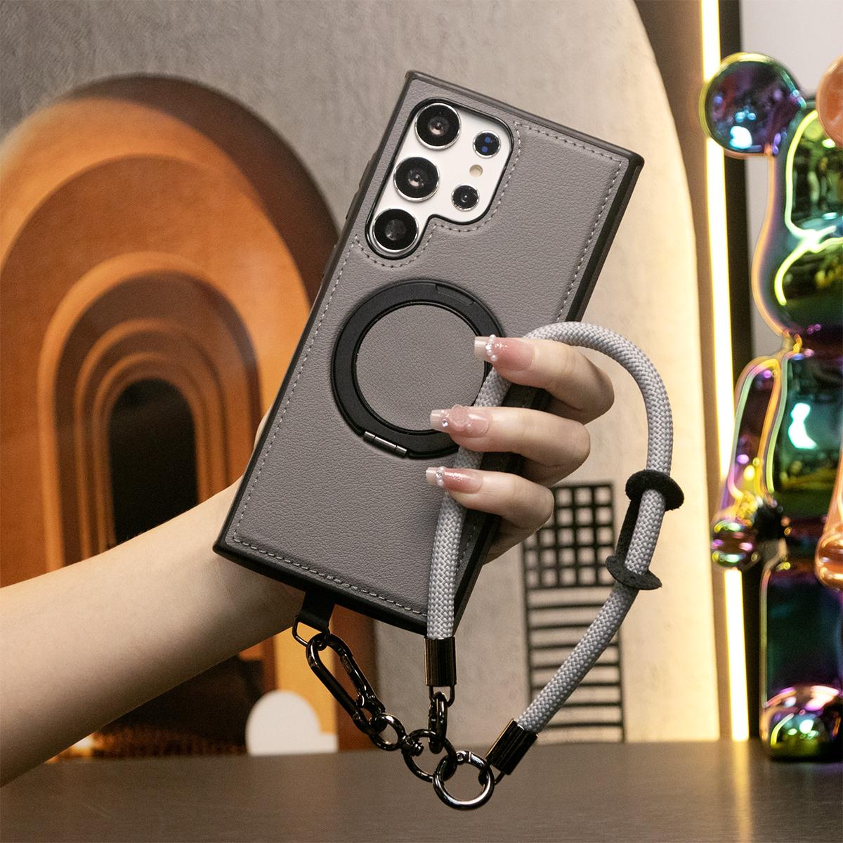 Luxury Full Leather Phone Case WIth Multifunctional Climbing Rope For Magsafe For iPhone 16 15 14 13 12 11 Magnetic Rotate Metal Holder Kickstand Hard Back Cover