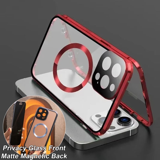 Double Sided Anti-peep Front Glass Matte Back Cover Aluminium Alloy For Magsafe Full Cover 360 Privacy Magnetic Ring Metal Case For iPhone 16ProMax 16 15 14 13 12 Pro Max Glass Full Cover