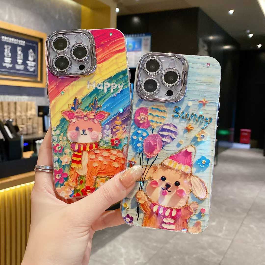 For iPhone 16ProMax 16 15 14 13 12 11 Phone Case with Diamond Camera Kickstand, Smiling Face Rainbow Rabbit Deer, Luxury Oil Painting Camera Frame Anti-drop Hard Shockproof Full Cover