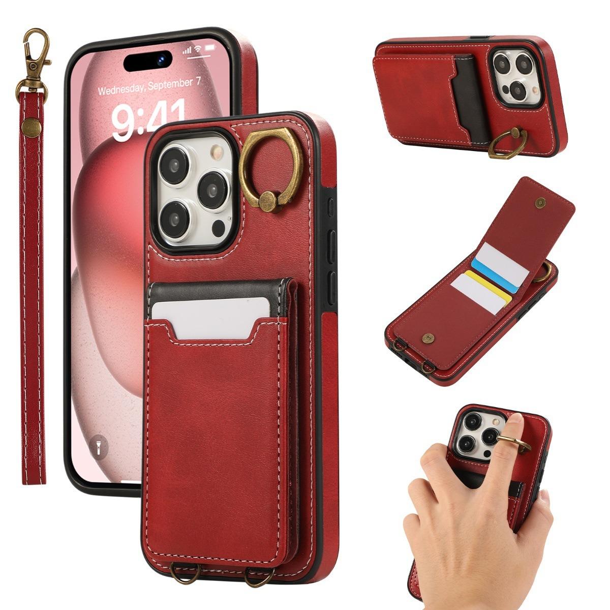 For iPhone 16ProMax 16 15 14 13 12 Leather Phone Case with Double Folding Wallet Wristband, Anti-Fall Card Slot Ring Kickstand Shockproof Business Hard Full Cover