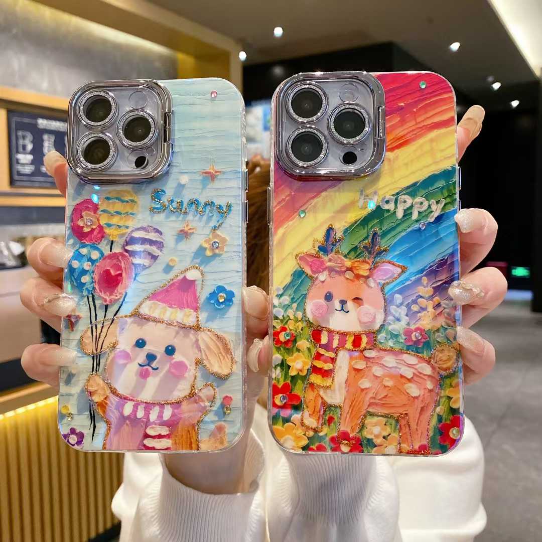 For iPhone 16ProMax 16 15 14 13 12 11 Phone Case with Diamond Camera Kickstand, Smiling Face Rainbow Rabbit Deer, Luxury Oil Painting Camera Frame Anti-drop Hard Shockproof Full Cover