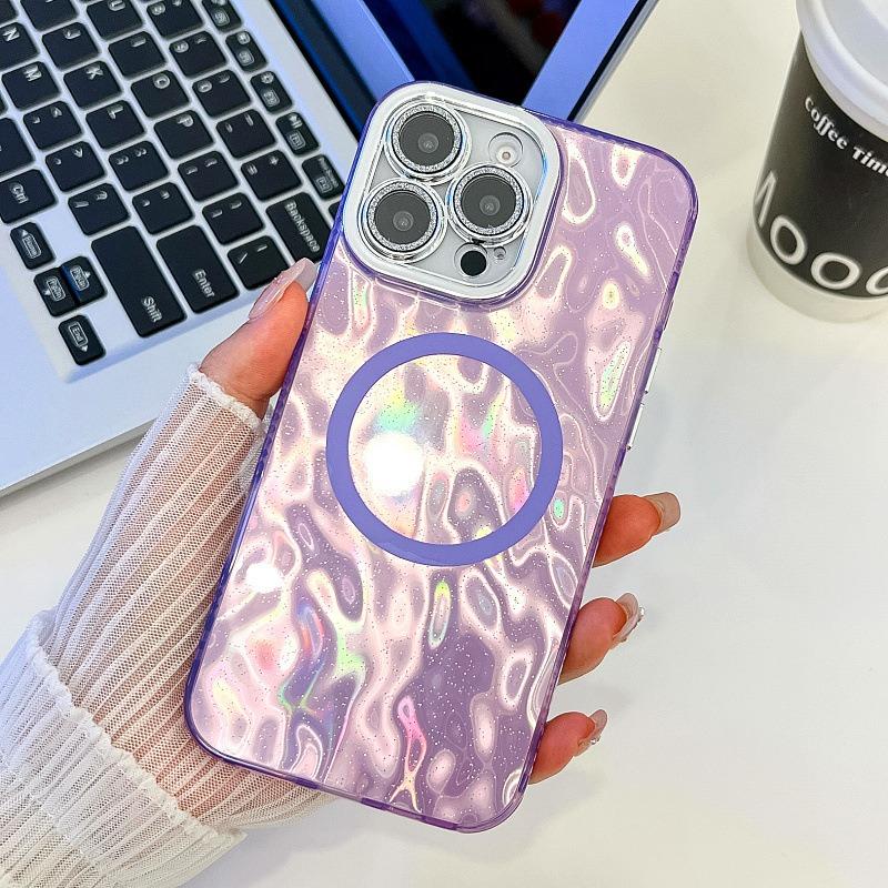 For iPhone 16ProMax 16 15 14 13 Phone Case, Electroplating Magnetic Laser Flow Silk Pattern Acrylic Slim With Glitter Len Protector, Protection Non-Yellowing Hard Cover