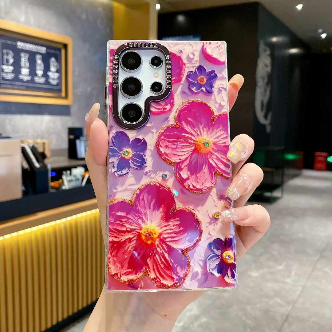 For Samsung S25 S24 S23 S22 A34 A35 A53 A54 A55 Note20Ultra Phone Case, Luxury Elegant Colorful Rainbow Castle Butterfly Flower Oil Painting Metal Camera Frame Anti-drop Hard Shockproof Full Cover