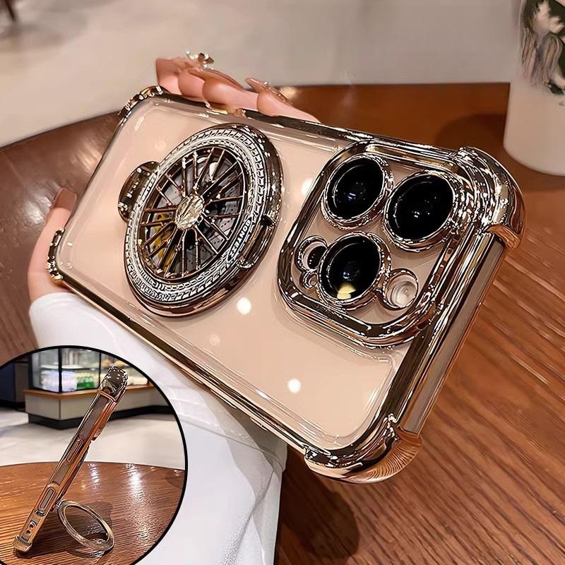 Glitter Plating Acrylic with Len Protector Phone Case with Metal Magnetic Gyro Rotating Kickstand For iPhone 16ProMax 15 14 13 12 Four Corner Shockproof Hard Full Cover