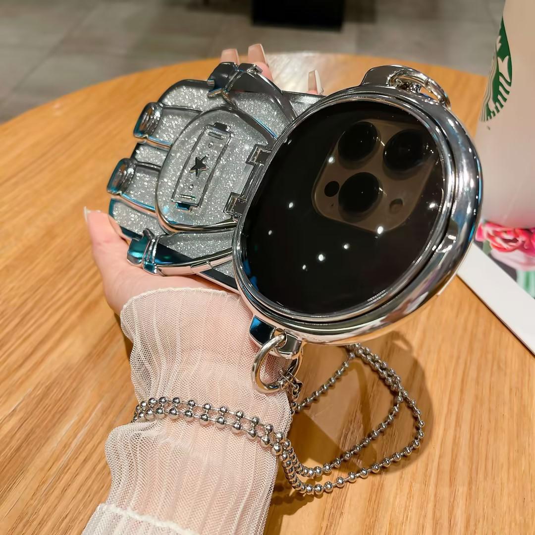Luxury Glitter  Diagonal Hanging Chain Plating Mirror Astronaut Case For iPhone 16 15 14 13 12 Pro Max Fashion Bracket Square Case Back Cover