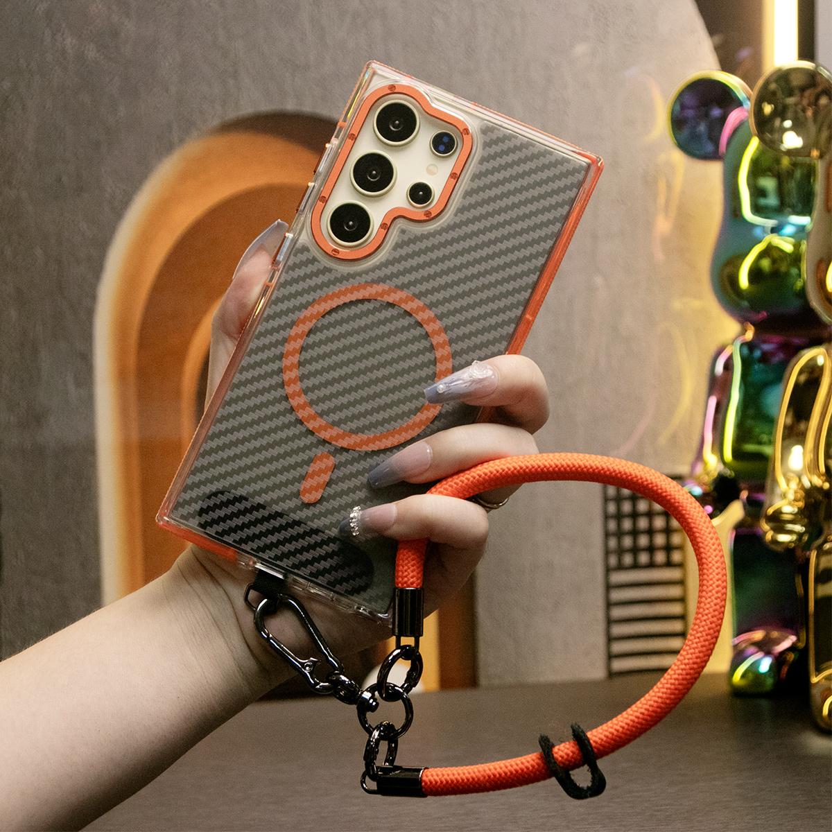 Strong Magnetic Carbon Fiber Phone Case, With MultiFunctional Wristband, Metal Hardware Acrylic, Shockproof Anti-Fall Bumper For Samsung S25Ultra S25 S24 S23 S21FE A14 A15 A24 A25 A35 A54 A55 A05