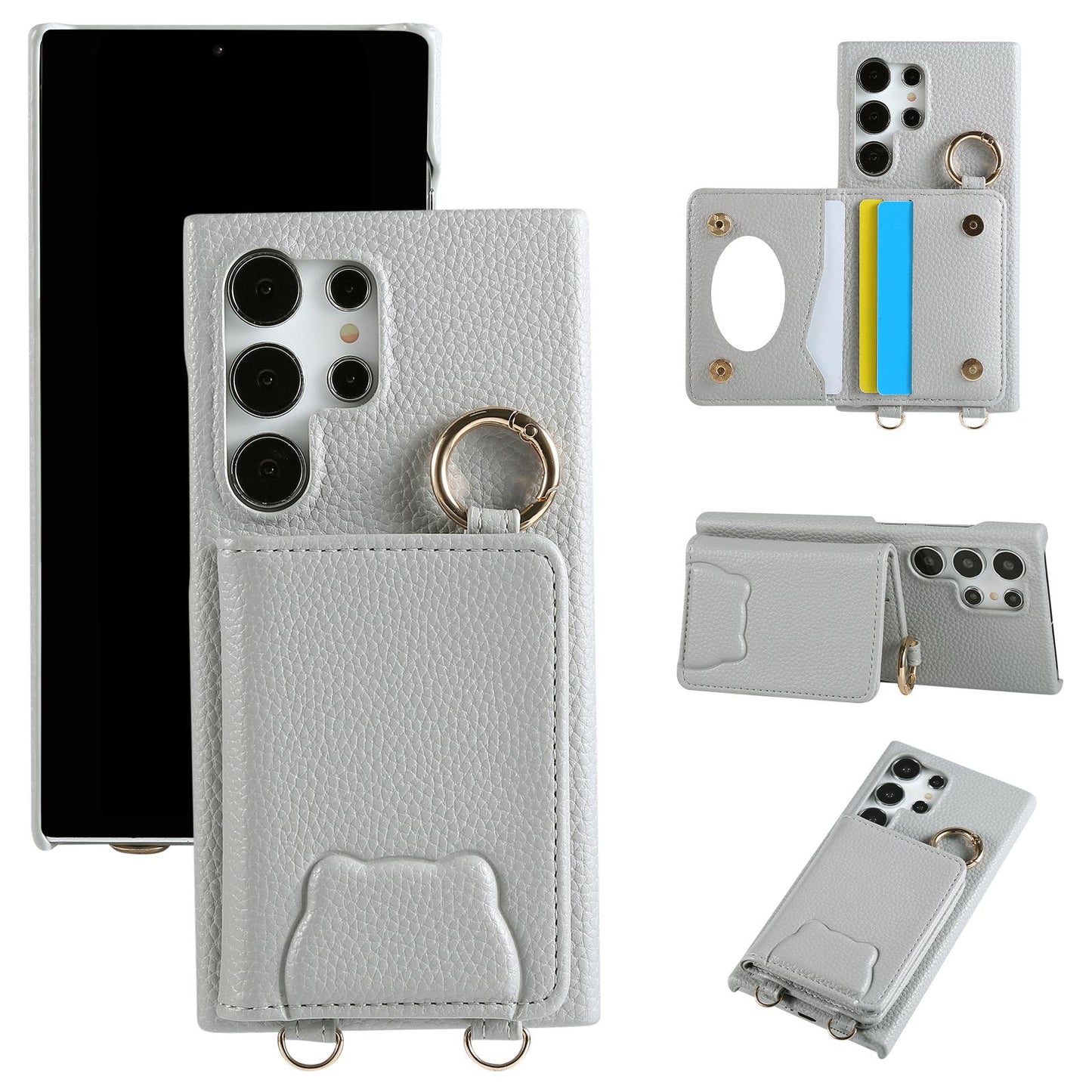 Bear Crossbody Mirror Wallet with Card Holder Phone Case for Samsung Galaxy S25 S24 S23 S22 Ultra Plus S24 FE Back Cover