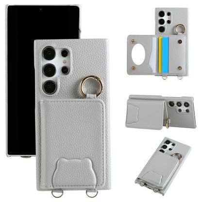 Bear Crossbody Mirror Wallet with Card Holder Phone Case for Samsung Galaxy S25 S24 S23 S22 Ultra Plus S24 FE Back Cover