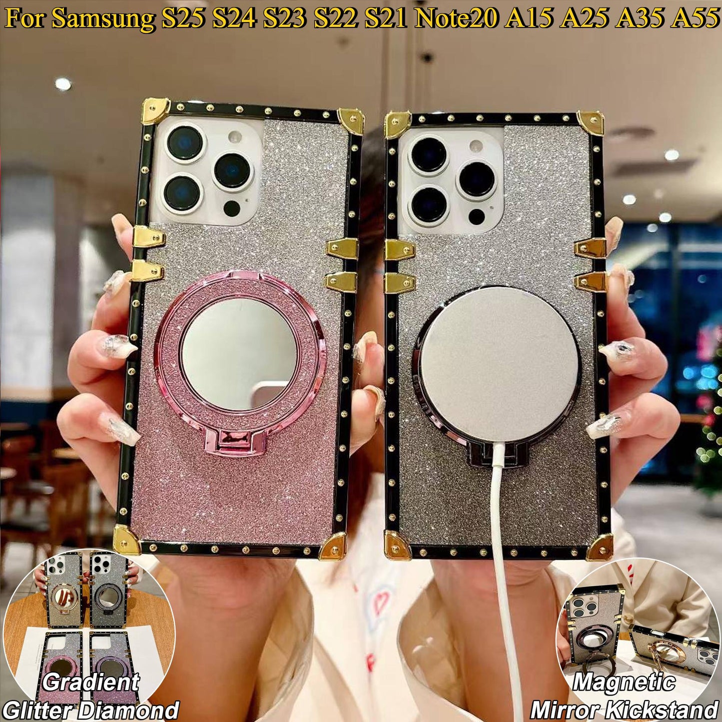 Luxury Gradient Glitter Diamond Heavy Duty Protection Shockproof With Mirror Magnetic Kickstand Phone Case For Samsung S25 S24 S23 S22 S21 Note20 A15 A25 A35 A55 Square Case Back Soft Cover