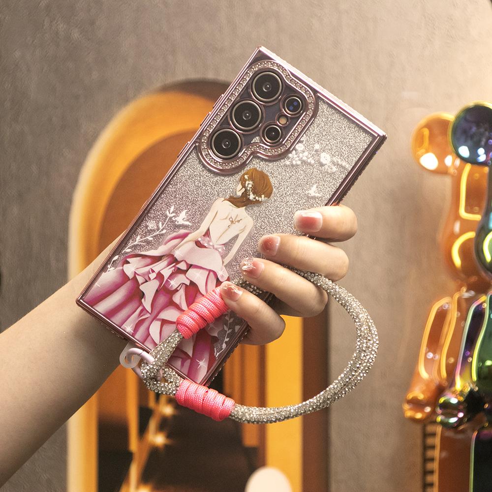 For Samsung S25Ultra S25 S24 S23 S22 Case with Woven Diamond Wristband, Gradient Rhinestone Goddess Glitter Luxury Elegant Plating Case Camera Protection Shockproof Hard Cover