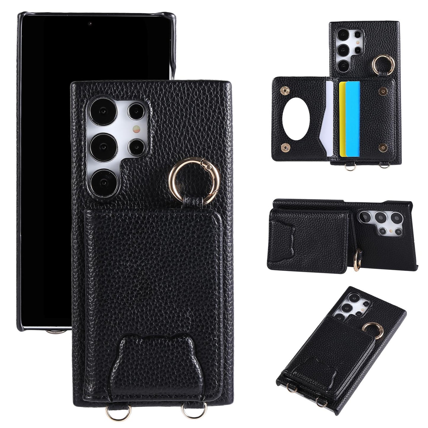 Bear Crossbody Mirror Wallet with Card Holder Phone Case for Samsung Galaxy S25 S24 S23 S22 Ultra Plus S24 FE Back Cover