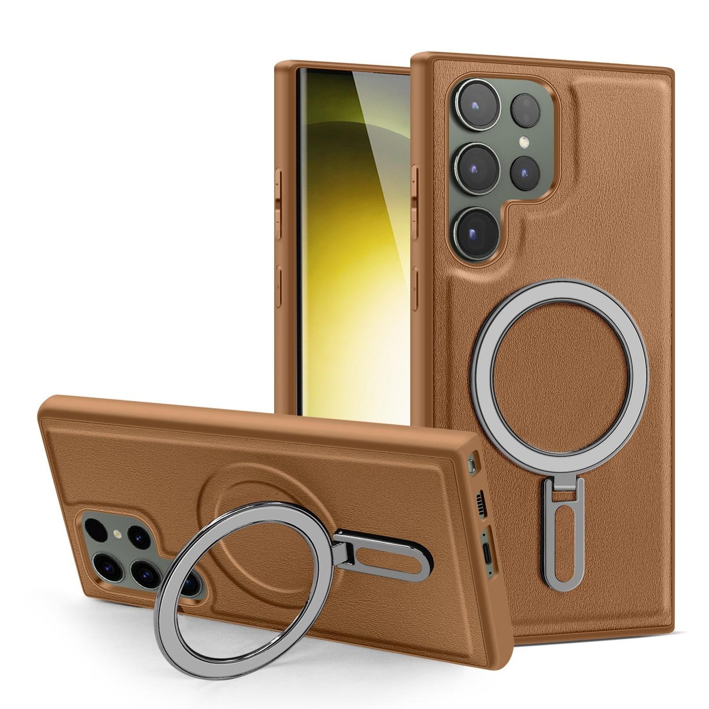 Luxury Full Leather Glossy Kickstand Phone Case For Magsafe For Samsung S25Ultra S25+ S25 S24FE S24 Ultra S23 S22 Ultra Plus Metal Ring Magnetic Metal Holder Shockproof Stand Back Cover