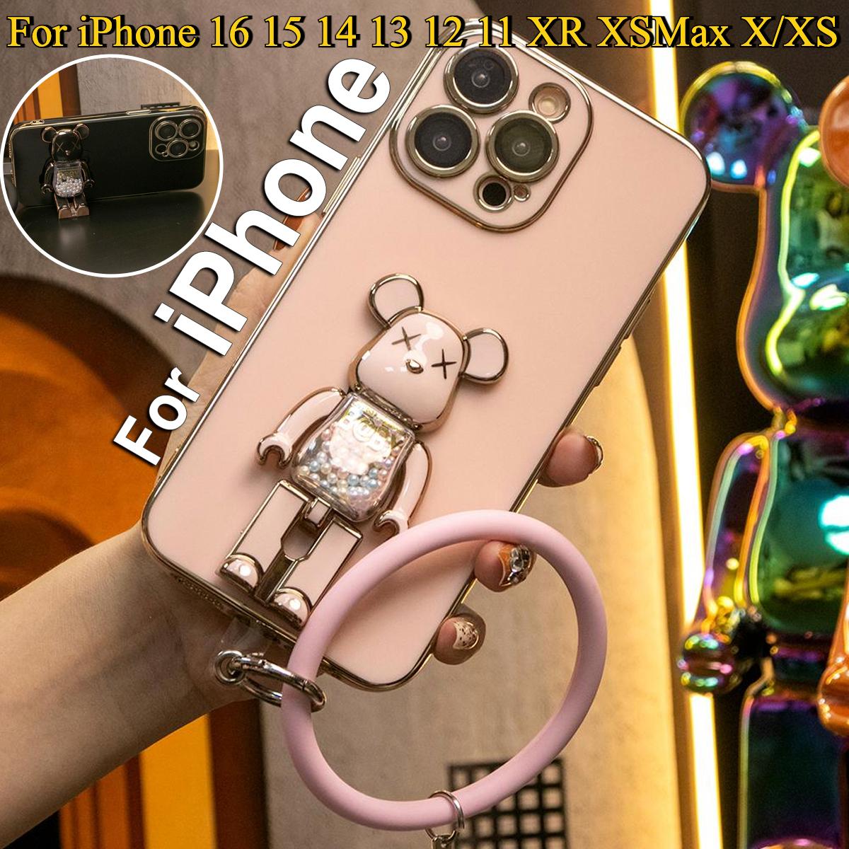 For iPhone 16 15 14 13 12 11 XR XSMax X/XS Phone Case, Candy Bear Kickstand with Silicone Bracelet, Plating Electroplate Luxury Elegant Case Camera Protector Pop Stand Shockproof Soft Cover