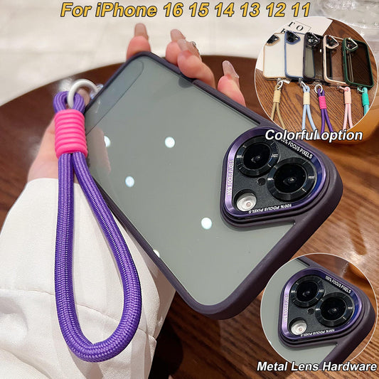 Colorful Crystal High Definition Clear Magnetic Phone Case with Woven Wristband For iPhone 16ProMax 16 15 14 13 12 11 Pro Max Plus Transparent HD Len Protection Hard Full Cover