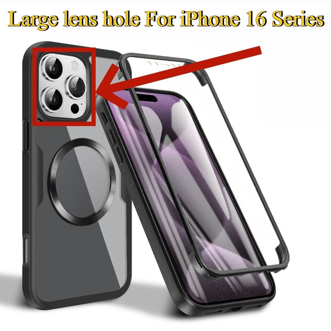 For iPhone 16E 16ProMax 16 15 14 13 Strong Magnetic Phone Case, Double Side 360 Full Protection, HD PET Screen Protector Acrylic Shockproof Hand Feel Hard Full Cover