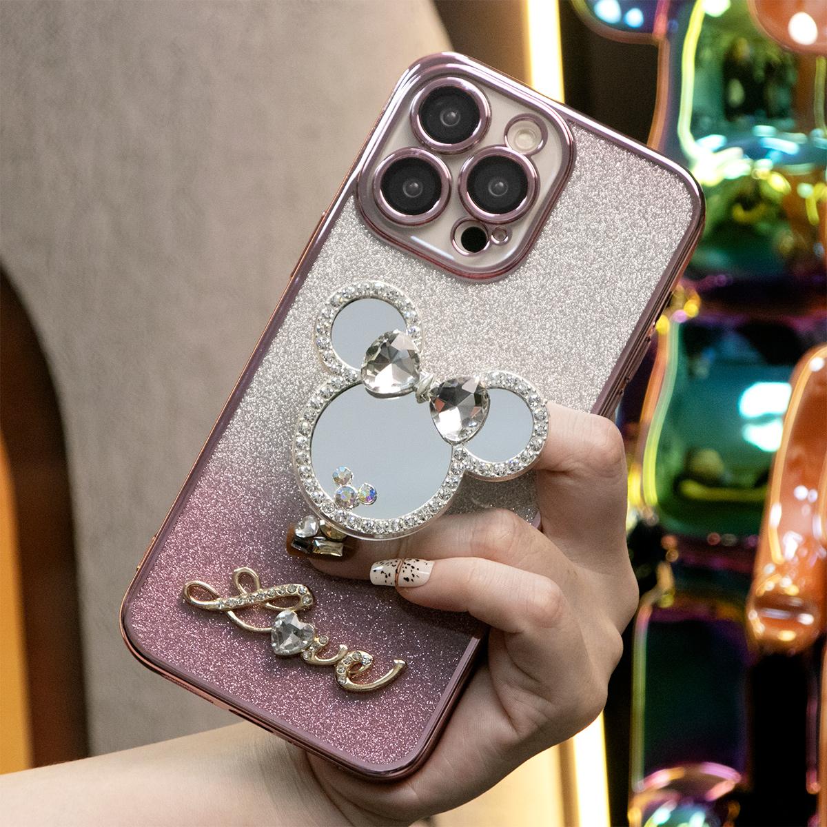 Glitter Transparent Gradient Mouse Head Mirror Kickstand Plating Phone Case For iPhone 16 15 14 13 12 Pro Max Clear Soft TPU Back Cover