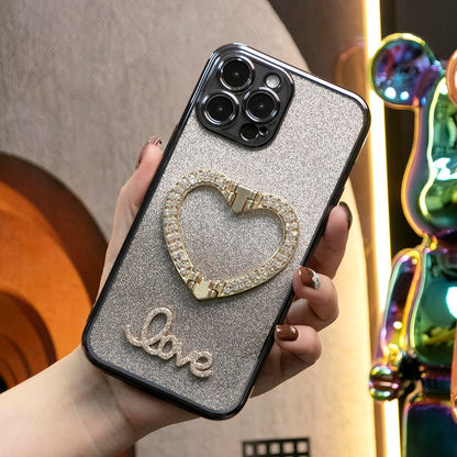 Glitter Transparent Gradient Diamond Love Heart Holder Plating Phone Case For iPhone 16 15 14 13 12 Pro Max Clear Soft TPU Back Cover