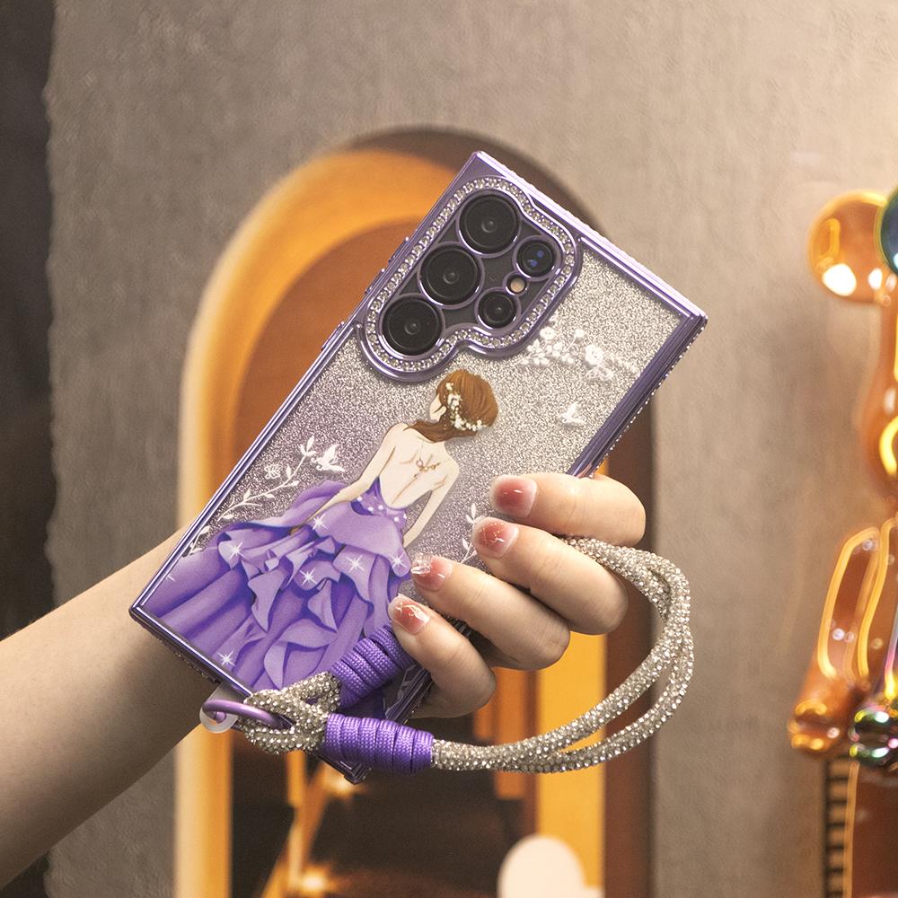 For Samsung S25Ultra S25 S24 S23 S22 Case with Woven Diamond Wristband, Gradient Rhinestone Goddess Glitter Luxury Elegant Plating Case Camera Protection Shockproof Hard Cover