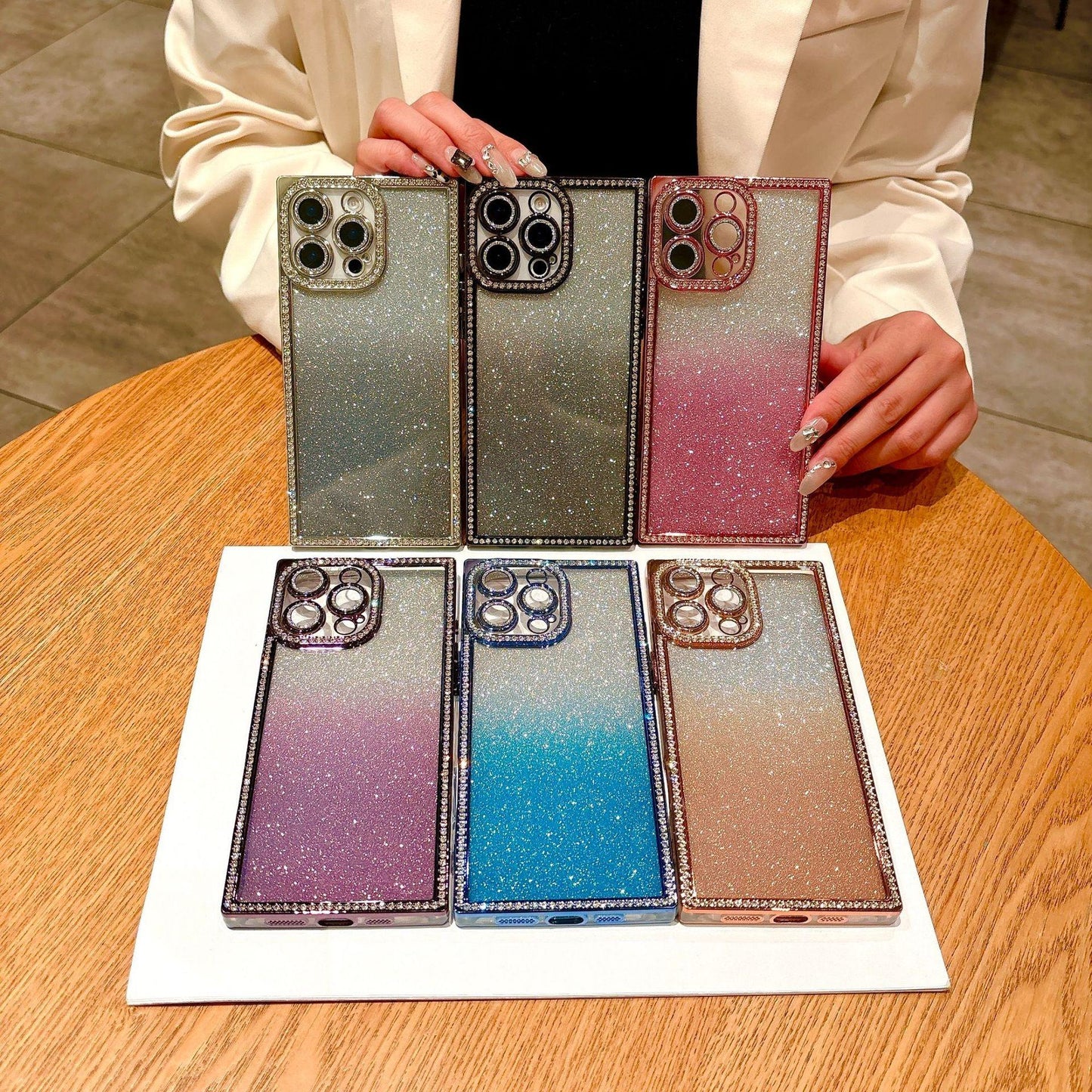 Glitter Rhinestone Clear TPU Square Phone Case with Len Protector For iPhone 16ProMax 15 14 13 Transparent Bumper Shockproof Soft Full Cover